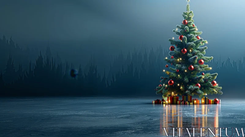 Majestic Christmas Tree on Frozen Lake AI Image