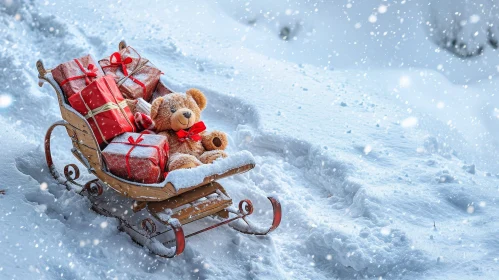 Winter Teddy Bear and Gifts in Snowy Forest