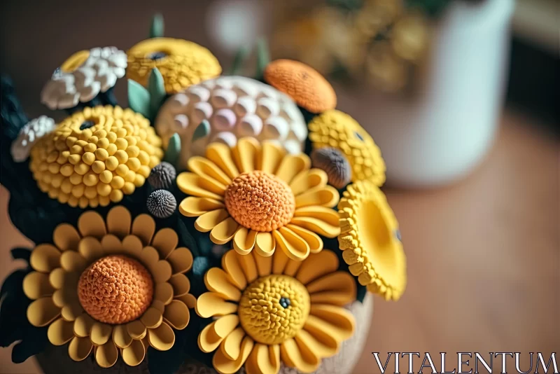Yellow and White Flowers in a Retro Vintage Vase | Colorful Woodcarvings AI Image