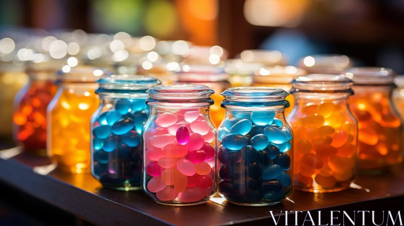 Colorful Jelly Beans in Glass Jars on Wooden Table AI Image