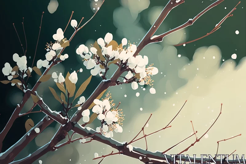 Delicate White Flowers on a Branch: Atmospheric Color Washes AI Image