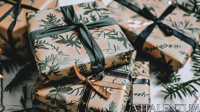 Elegant Gift Wrapping with Green Leaves - Close-up Shot AI Image