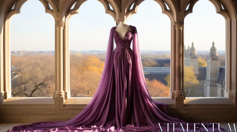 Elegant Purple Lace Dress with Cityscape Background AI Image