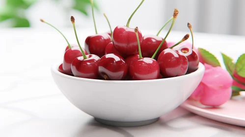 Fresh Cherries on White Marble Table