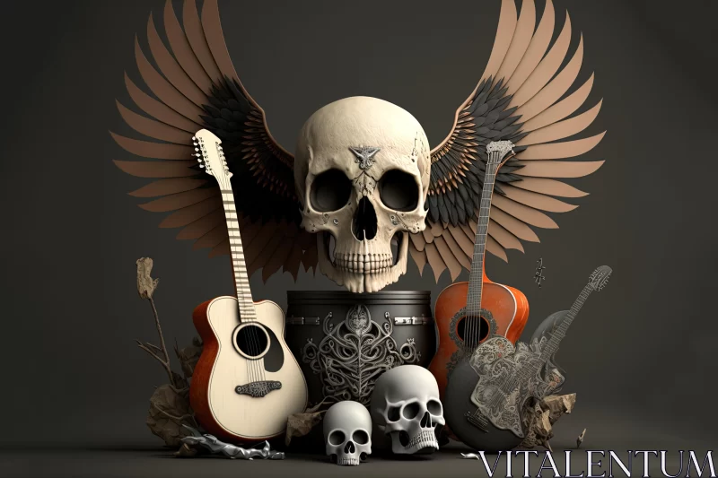 Hyperrealistic Sculpture: Skull, Guitar, and Wings on Black Background AI Image
