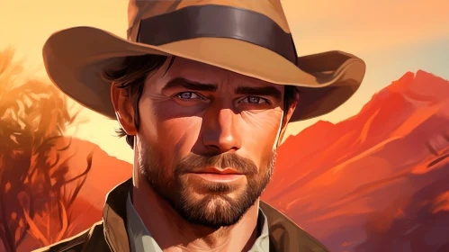 Serious Man in Brown Hat in Desert
