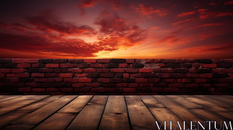 Tranquil Sunset Landscape over Brick Wall AI Image