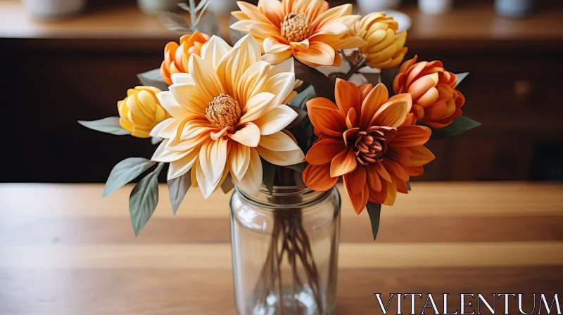 Vibrant Flower Arrangement in Glass Vase on Wooden Table AI Image