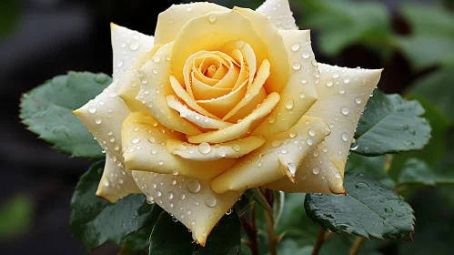Yellow Rose in Full Bloom with Raindrops - Close-Up View