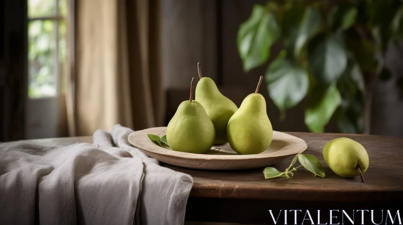 Green Pears Still Life on Wooden Table AI Image