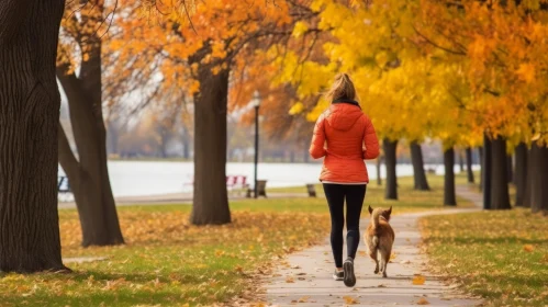 Red Jacket Woman Running with Dog in Autumn Park