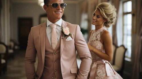 Wedding Bliss: Man in Pink Suit and Woman in White Dress