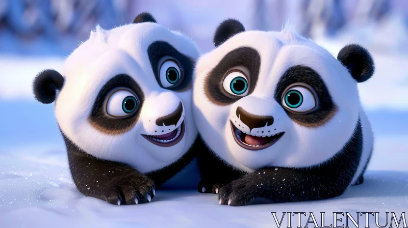 Charming Cartoon Pandas in Snowy Forest AI Image