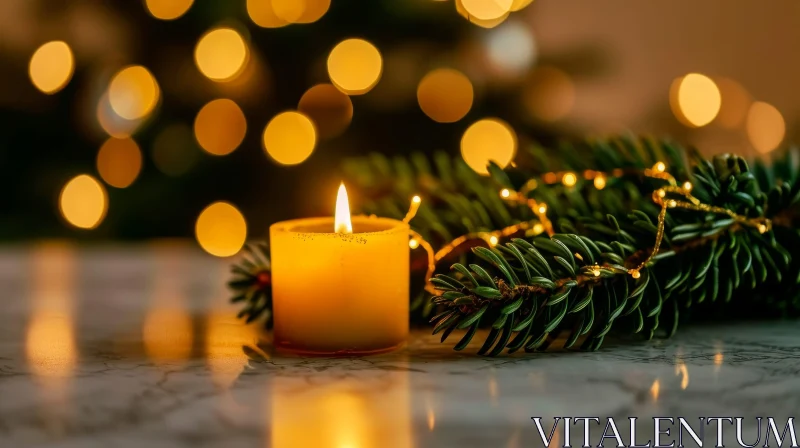 Cozy Christmas Candle and Tree Branch Image AI Image