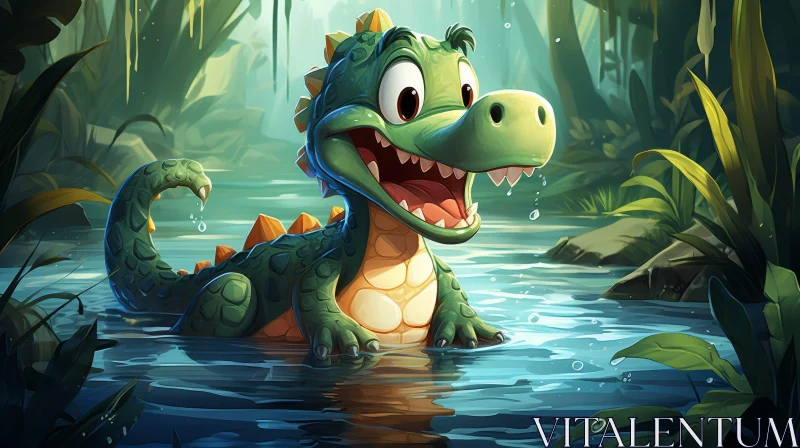 Green Alligator Cartoon Illustration in River AI Image