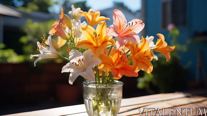 Lily Flowers in Clear Glass Vase on Wooden Table AI Image