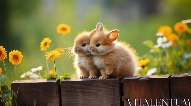 Adorable Baby Rabbits on Wooden Fence AI Image