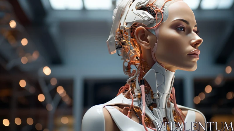 Beautiful Female Cyborg Portrait in Futuristic Setting AI Image