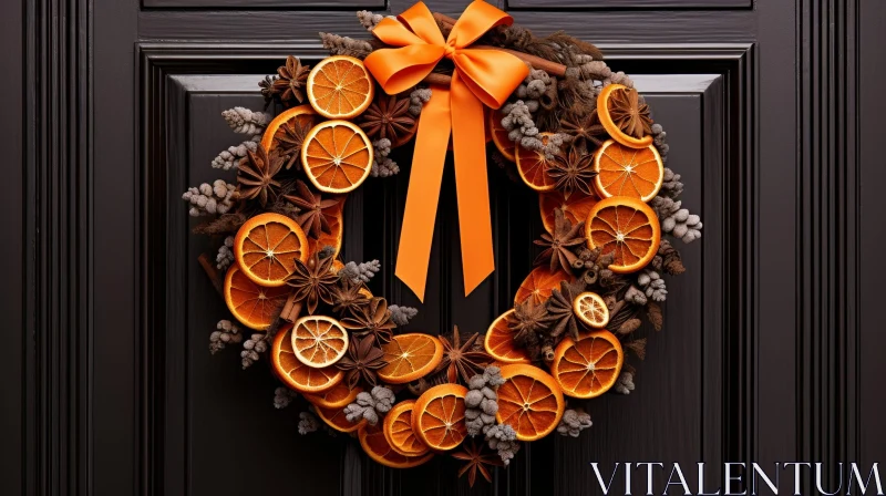 Christmas Wreath Decoration on Black Wooden Door AI Image