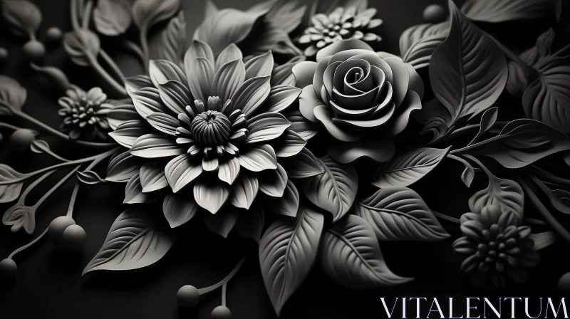 AI ART Monochrome 3D Floral Arrangement with Roses and Dahlias