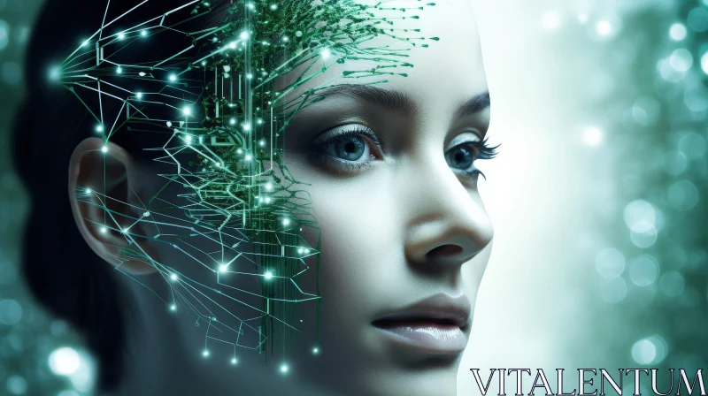 Serious Young Woman with Green Eyes and Circuit Board Traces AI Image