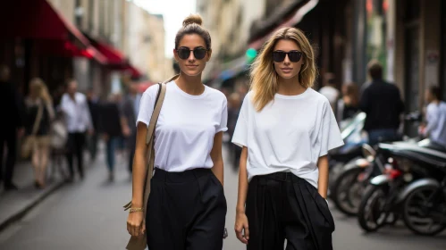 Urban Fashion: Two Women Walking in City Street