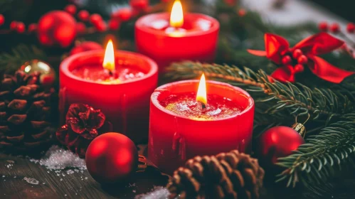 Warm Festive Scene with Red Candles on Wooden Table