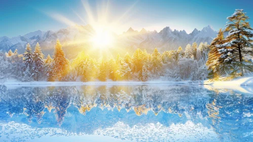 Winter Landscape with Bright Sunshine over Frozen Lake