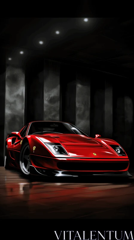 Captivating Red Ferrari Sports Car in Dark Garage | Hyper-Realistic Art AI Image