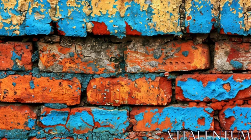 Distressed Brick Wall with Peeling Blue and Yellow Paint AI Image