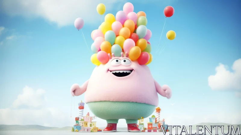 Pink Creature with Colorful Balloons in Surreal Scene AI Image