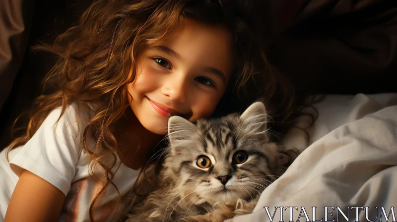 AI ART Smiling Girl Portrait with Cat in Bed