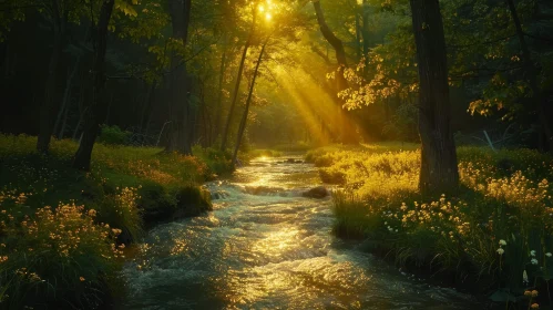 Tranquil Forest Landscape with River and Sunlight