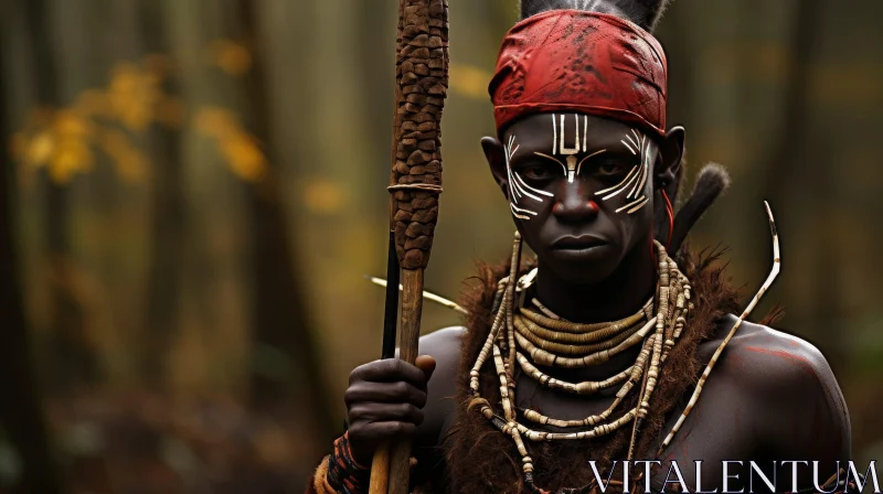 Tribal Man in Forest with Spear AI Image