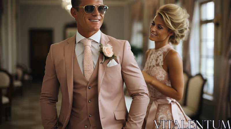Wedding Bliss: Man in Pink Suit and Woman in White Dress AI Image