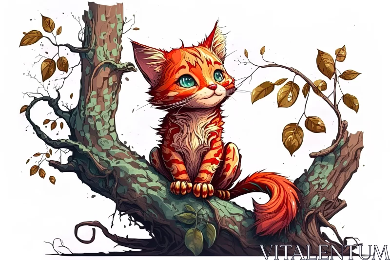 Cute Cat Sitting in a Tree - Vibrant Realism, 2D Game Art AI Image