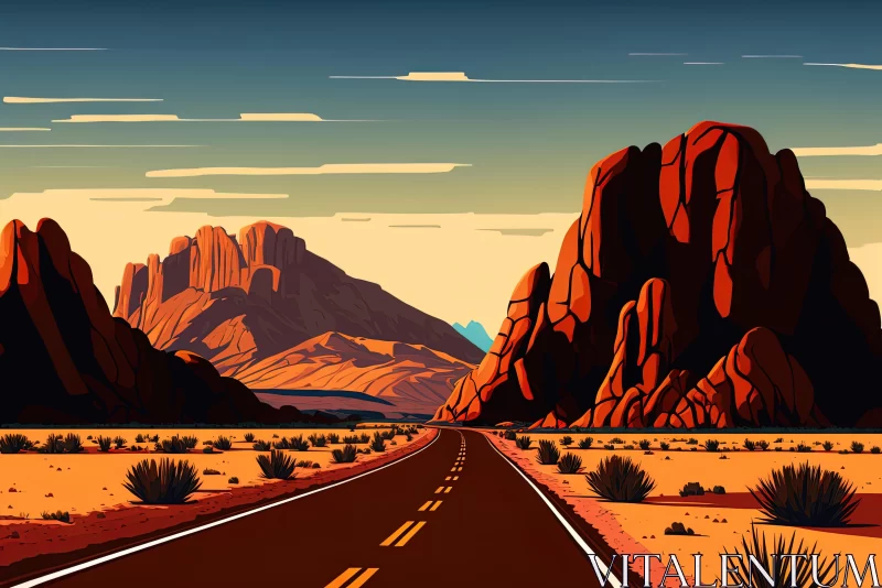 Desert Road and Mountains: Vintage Comic Strip Illustration AI Image