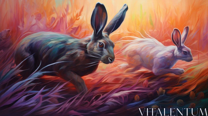 Energetic Rabbits in Field Painting AI Image