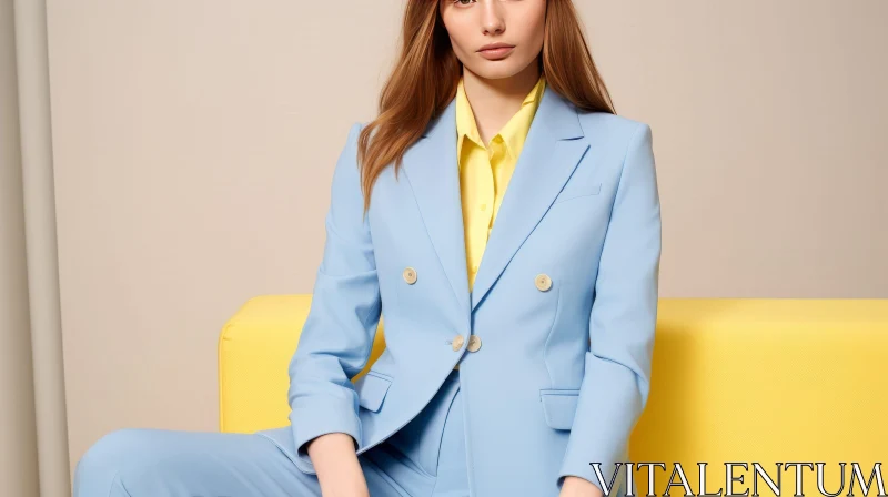 Young Woman in Blue Suit on Yellow Sofa AI Image