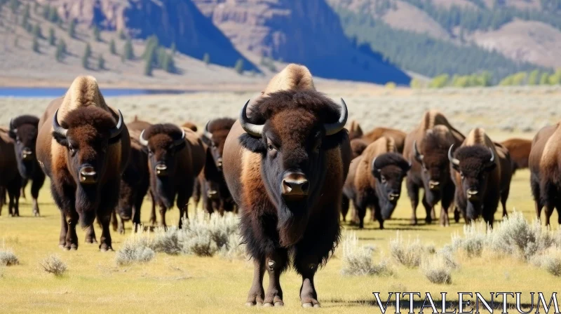 AI ART American Bison Herd Grazing in Grassy Field