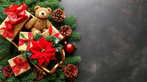 Christmas Teddy Bear Composition with Gifts and Poinsettia