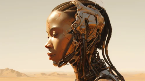 Futuristic Cyborg Woman Portrait in Desert Landscape