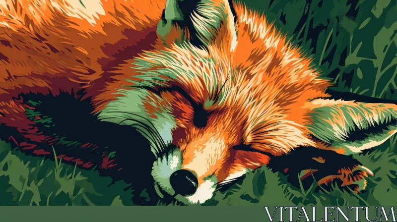 Tranquil Red Fox Sleeping in Green Field - Digital Painting AI Image