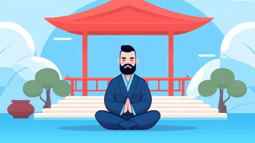 Zen Garden Meditation Cartoon - Peaceful Man Illustration