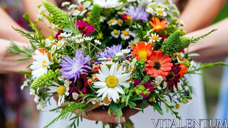 Beautiful Wildflower Bouquet in White Dress AI Image