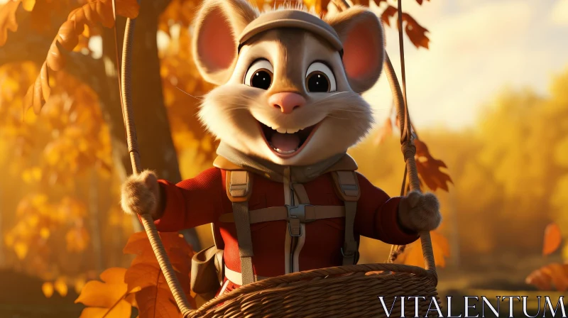 Cheerful Cartoon Mouse in Forest Basket AI Image