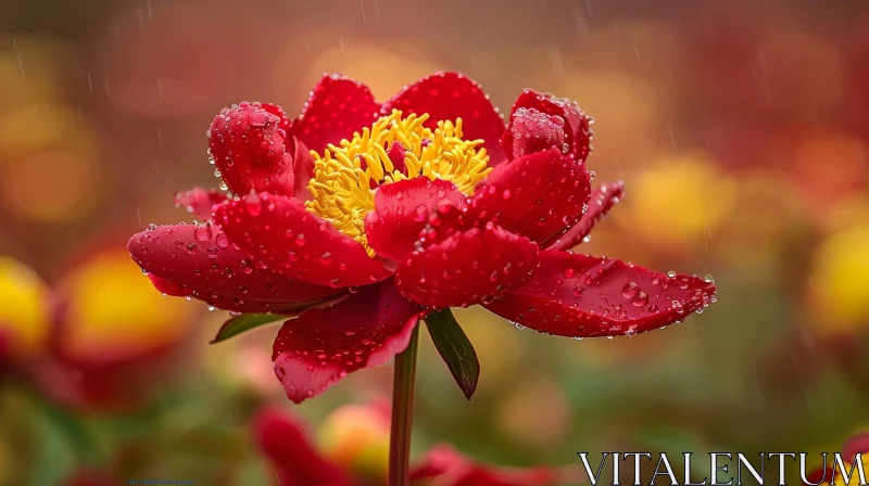 Red Peony Flower with Raindrops: Serene Close-up Shot AI Image