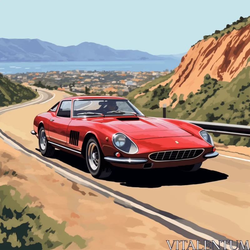 Red Sports Car Driving Along a Mountain | Nostalgic Realism AI Image
