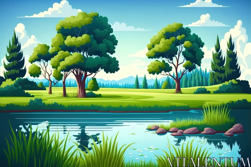 Tranquil Cartoon Landscape with a Serene Lake and Majestic Trees AI Image