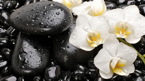 White Orchid Flower with Dew Drops on Black Stones